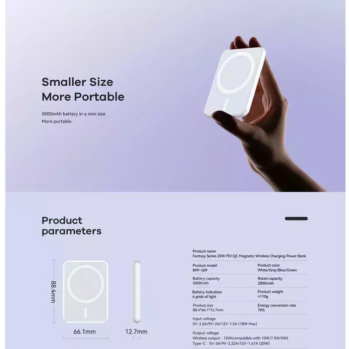 Remax RPP-509 5000mAh Power Bank, 20W PD, 15W Magnetic Wireless Charging
